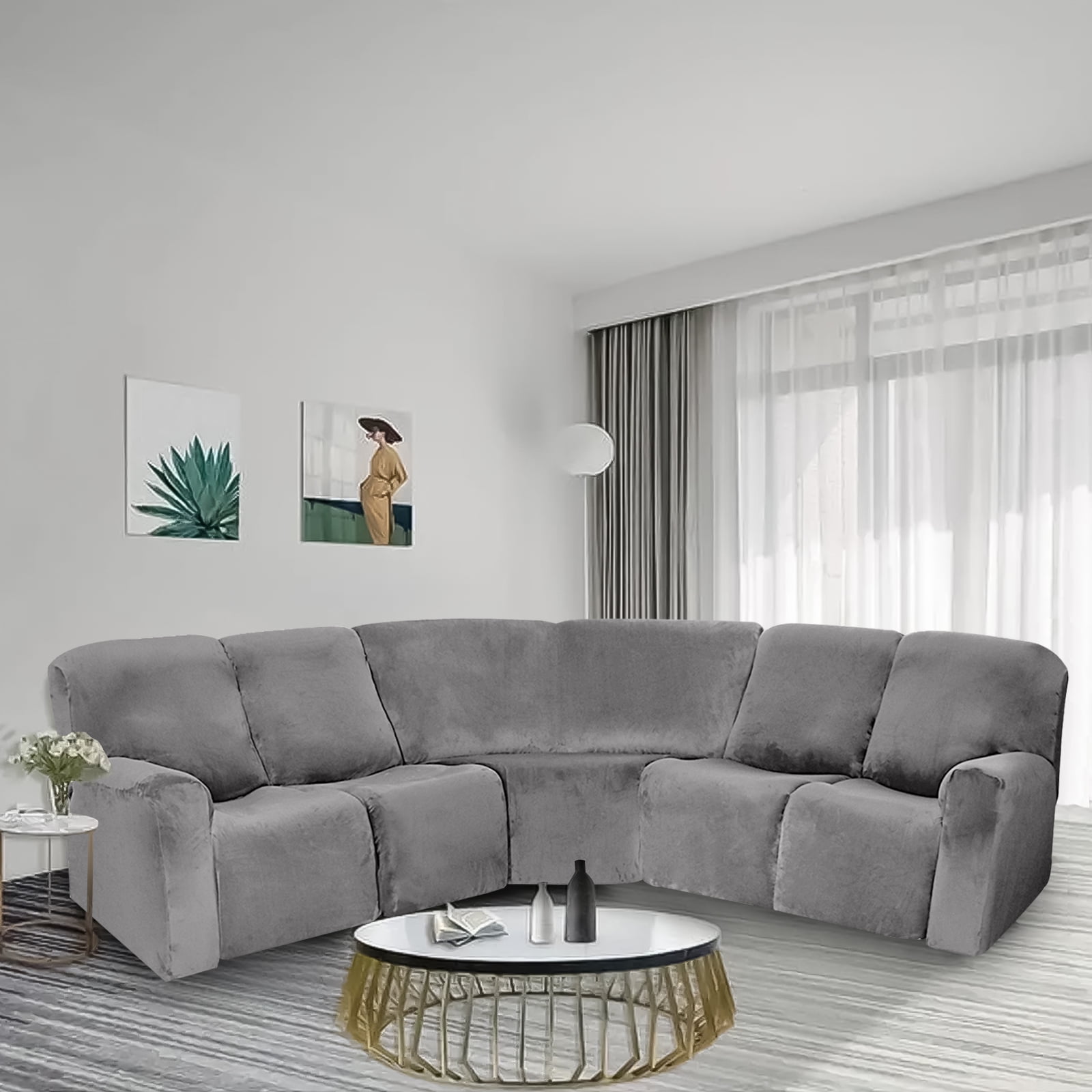 Eurhowing 5 Seat Recliner Sofa Cover, Soft Velvet Stretchable L-Shaped Sectional Couch Slipcovers, Corner Reclining Sofa Covers Furniture Protector, Grey
