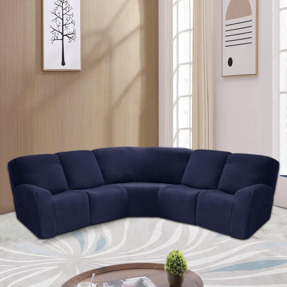 Eurhowing 5 Seat Recliner Sofa Cover, Stretchable L-Shaped Sectional Couch Slipcovers, Jacquard Corner Reclining Sofa Covers Furniture Protector for Pets Kids, Navy Blue