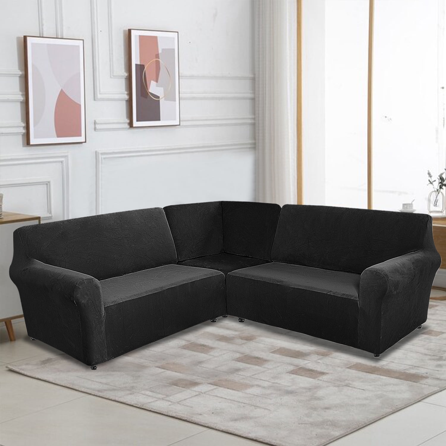 Eurhowing 5-Seater L-Shaped Sofa Cover, Stretch Velvet Soft Couch Slipcover for Sectional Corner Sofa, Non-Slip Furniture Protector, Black