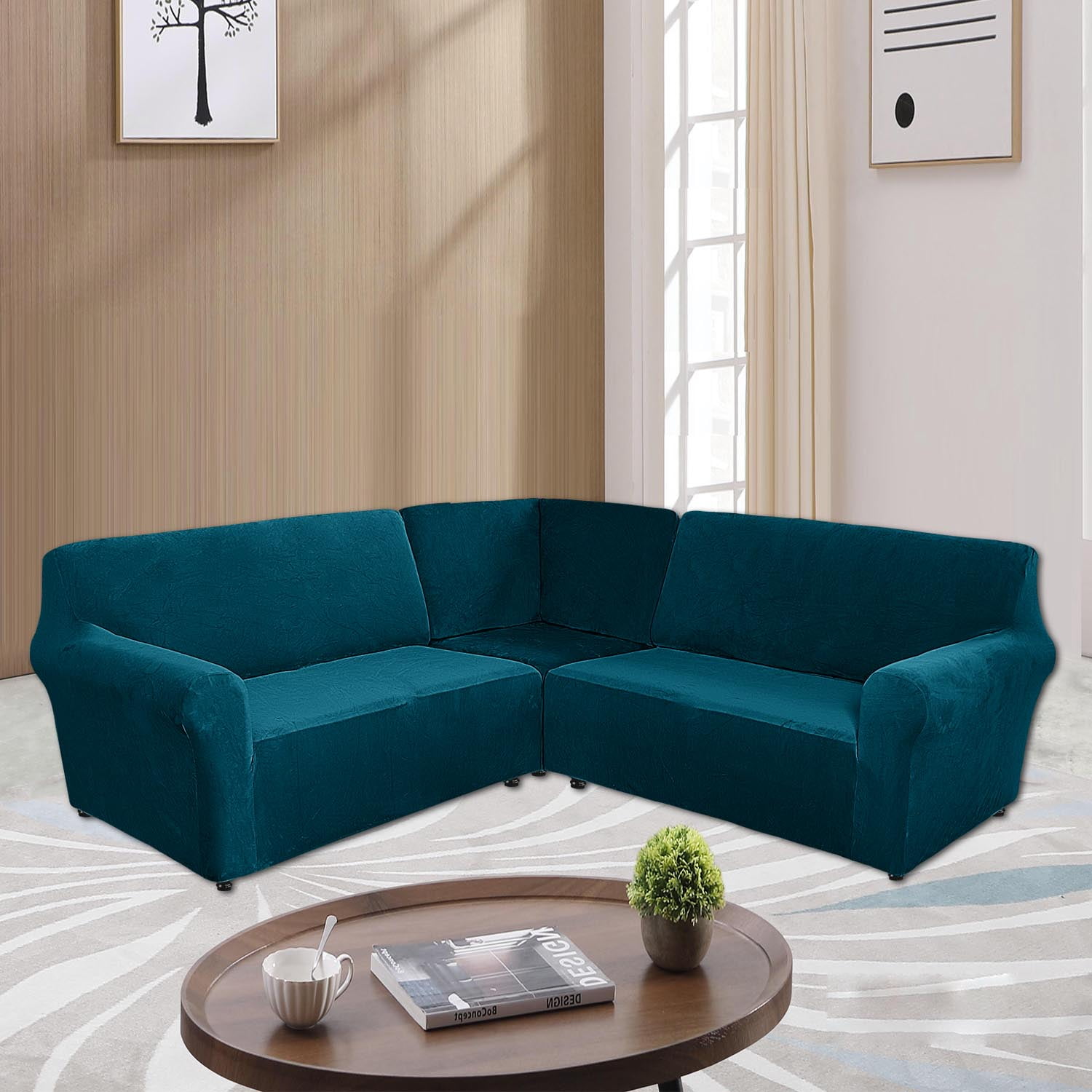 Eurhowing 5-Seater L-Shaped Sofa Cover, Stretch Velvet Soft Couch Slipcover for Sectional Corner Sofa, Non-Slip Furniture Protector, Dark Blue