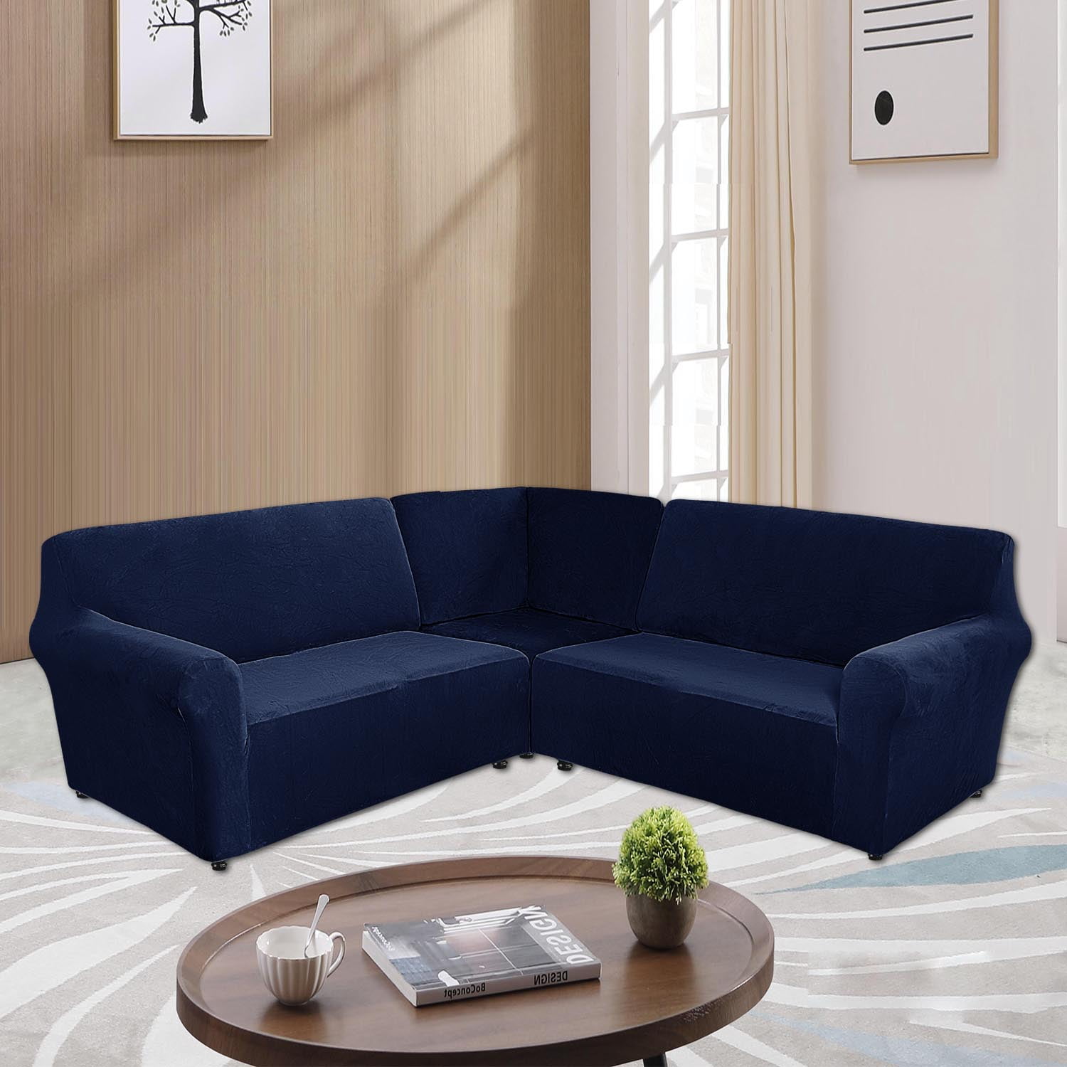 Eurhowing 5-Seater L-Shaped Sofa Cover, Stretch Velvet Soft Couch Slipcover for Sectional Corner Sofa, Non-Slip Furniture Protector, Navy Blue