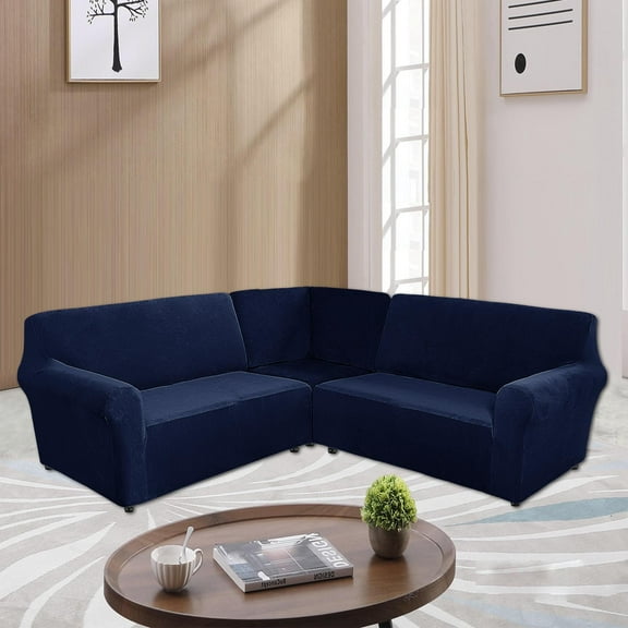 Eurhowing 5-Seater L-Shaped Sofa Cover, Stretch Velvet Soft Couch Slipcover for Sectional Corner Sofa, Non-Slip Furniture Protector, Navy Blue