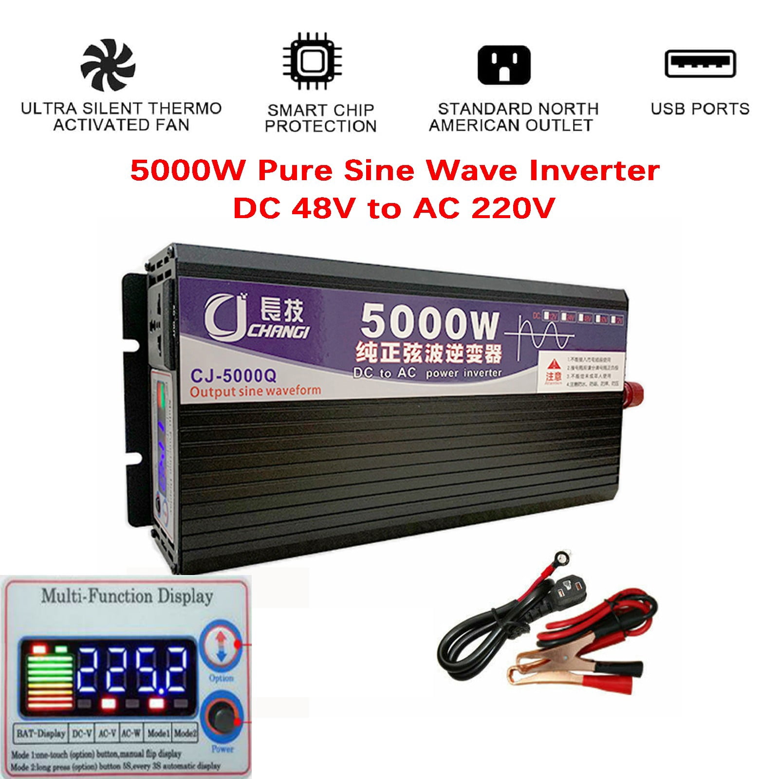 Eurhowing 5000W Pure Sine Wave Power Inverter DC 48V to AC 220V, with LCD Display & AC Outlets & USB Ports, Low Noise for RV Truck Home Solar System