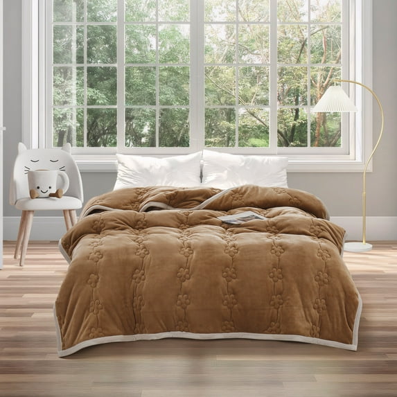 Eurhowing 60"×80" Flannel Blanket for Couch Bed, Soft Cozy 3-Layer Quilted Plush Throw Blanket, All Season Thick Warm Fleece Blanket, Camel