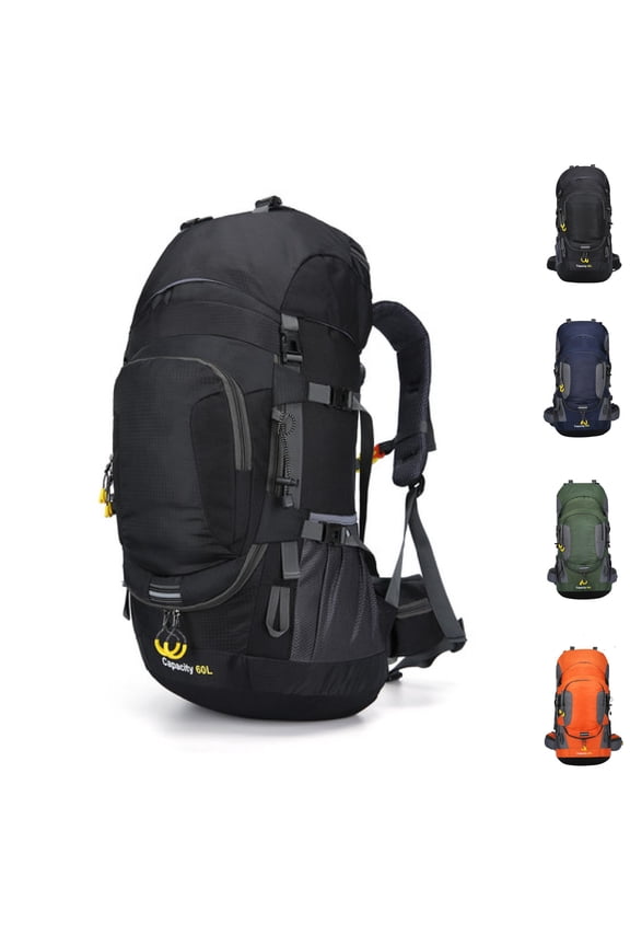 60L Travel Hiking Backpack with Rain Cover, Water Resistant Camping Backpack, Outdoor Large Backpack for Men Women, Black