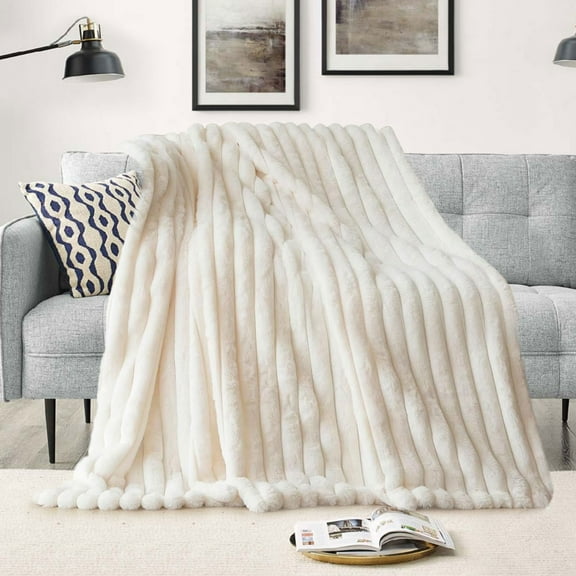 Eurhowing 63"×79" Bubble Blanket, Faux Rabbit Furry Blanket for Bed and Couch, Warm Thick Soft Fluffy Plush Shaggy Fuzzy Blanket, Off-White