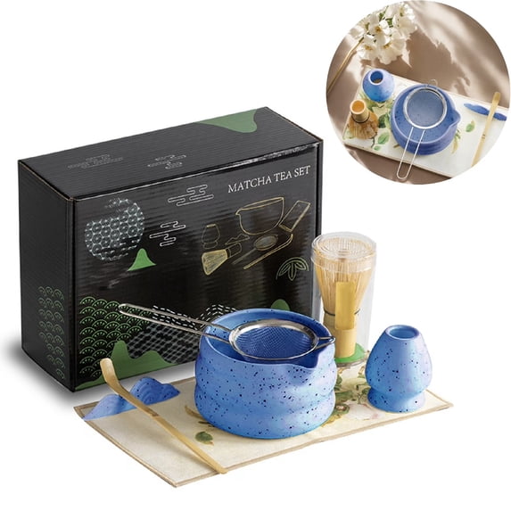 Eurhowing 7-Piece Matcha Whisk Set, Japanese Matcha Tea Set with Bamboo Whisk, Ceramic Bowl, Scoop & Sifter, Complete Ceremony Kit, Gift, Blue