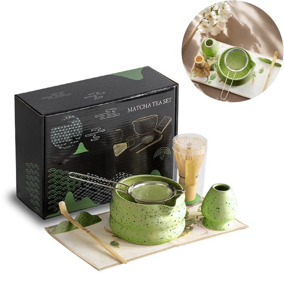 Eurhowing 7-Piece Matcha Whisk Set, Japanese Matcha Tea Set with Bamboo Whisk, Ceramic Bowl, Scoop & Sifter, Complete Ceremony Kit, Gift, Green