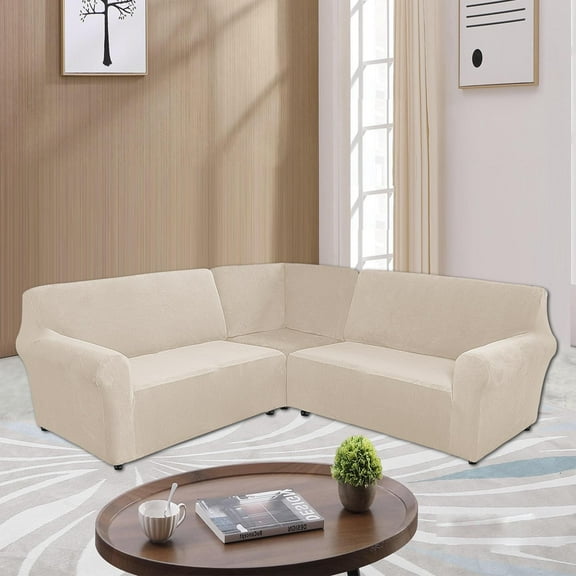 Eurhowing 7-Seater L-Shaped Sofa Cover, Stretch Velvet Soft Couch Slipcover for Sectional Corner Sofa, Non-Slip Furniture Protector, Beige