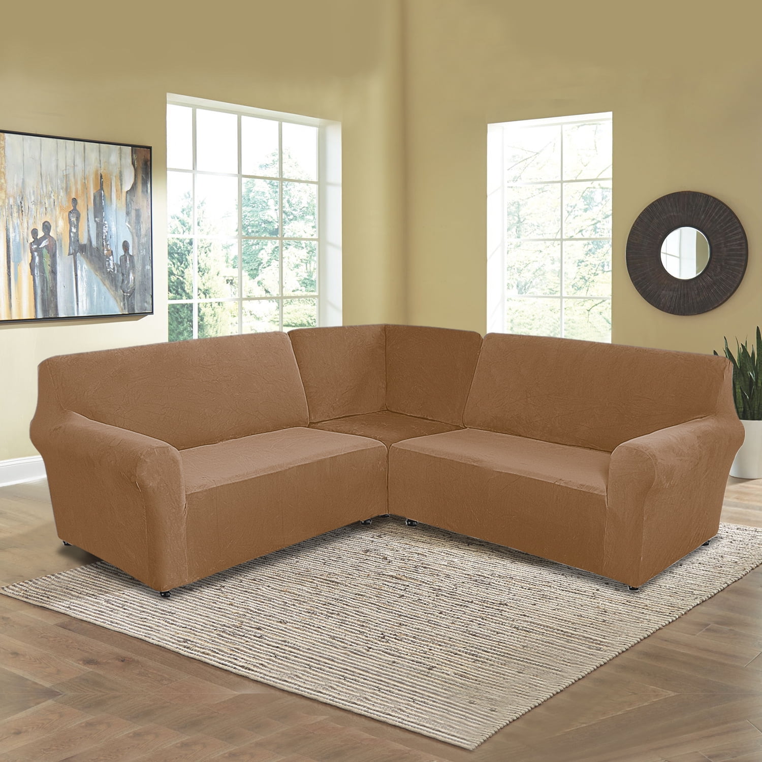 Eurhowing 7-Seater L-Shaped Sofa Cover, Stretch Velvet Soft Couch Slipcover for Sectional Corner Sofa, Non-Slip Furniture Protector, Coffee