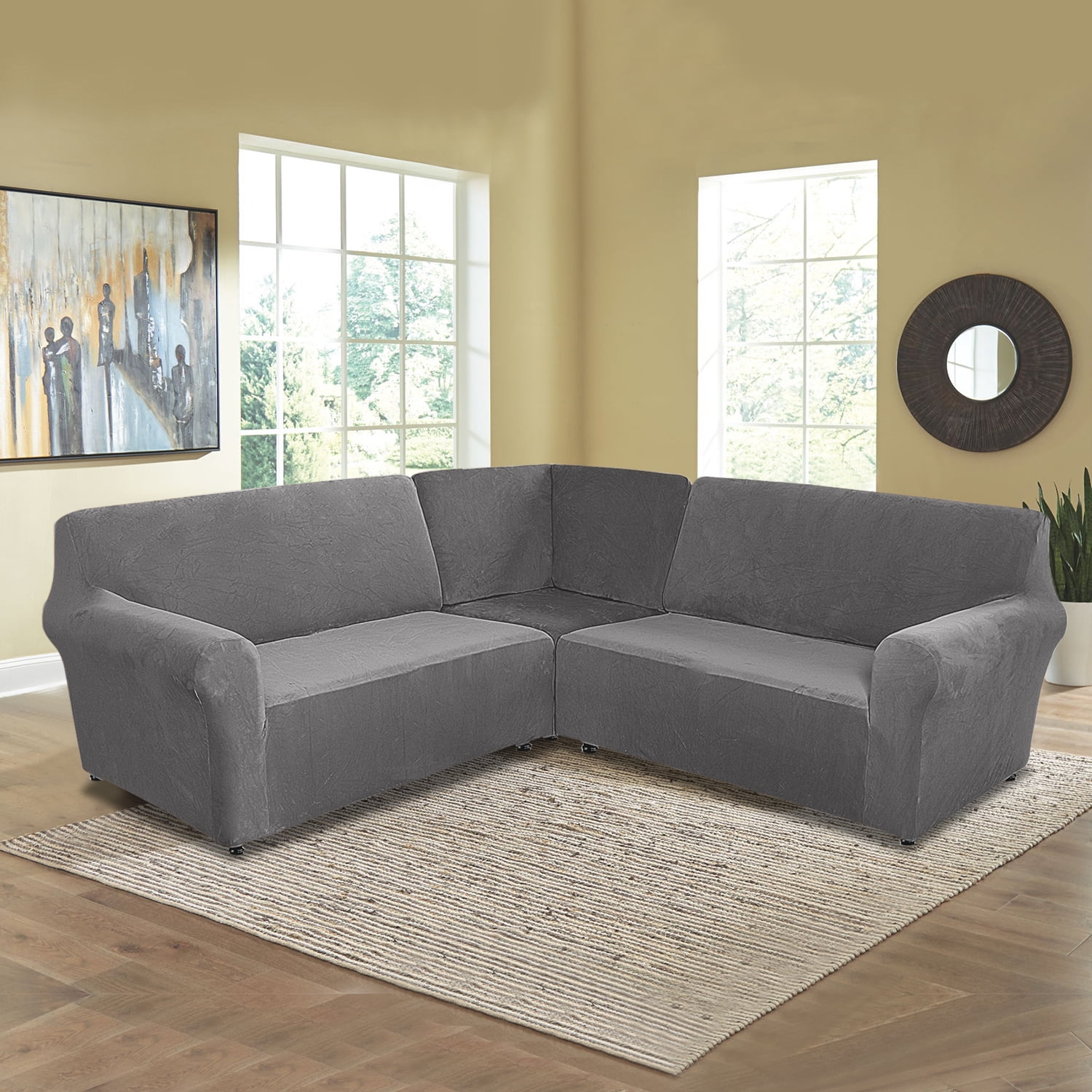Eurhowing 7-Seater L-Shaped Sofa Cover, Stretch Velvet Soft Couch Slipcover for Sectional Corner Sofa, Non-Slip Furniture Protector, Grey