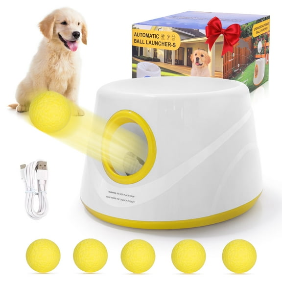 Eurhowing Automatic Ball Launcher for Dogs, Interactive Fetch Machine with 3-Level Distance(20-46ft) & 5 Balls, Dog Ball Thrower for Indoor & Outdoor Play, Yellow