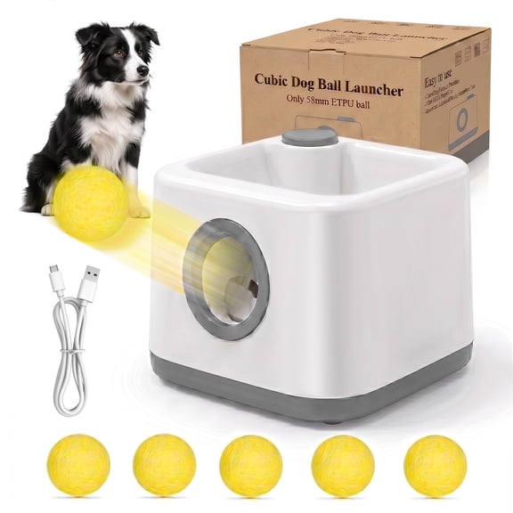 Eurhowing Automatic Dog Ball Launcher, Interactive Fetch Machine with 5 Balls, Ball Thrower for Small Medium Dogs Indoor & Outdoor Play, 3 Adjustable Distances, Gray
