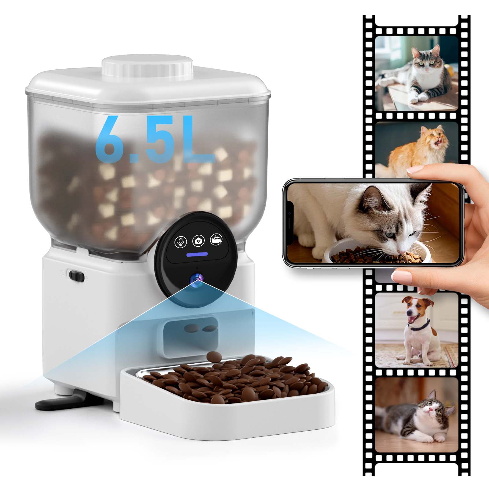 Eurhowing Smart WiFi Pet Feeder with 1080P HD Camera, 6.5L Automatic Cat Feeder Dog Food Dispenser with Night Vision & 2-Way Audio, App Control, Timer, Dual Power, White