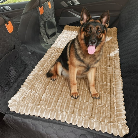Eurhowing Backseat Pet Bed Mat, Dog Bed for Car Back Seat, Non-Slip Furry Dog Covers Pet Mat, Fit for Backseat Extenders and Seat Covers (Khaki, 24.8" x 54")