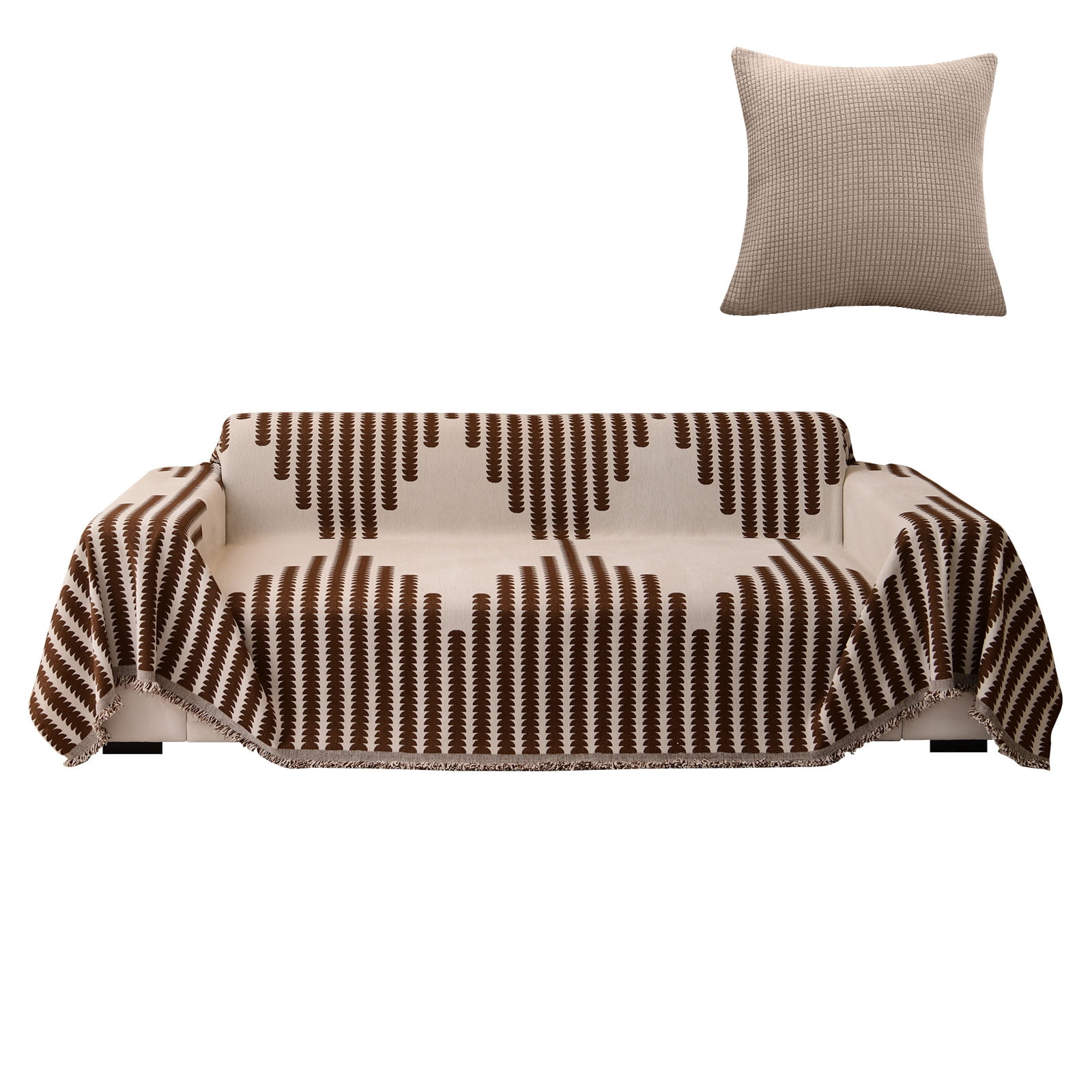 Eurhowing Boho Couch Cover for 2-3 Cushion Couch, Chenille Sofa Cover Blanket with a Pillowcase, Anti-Slip Tassel Sofa Slipcover for Pet, (71'' x 118'', Coffee)
