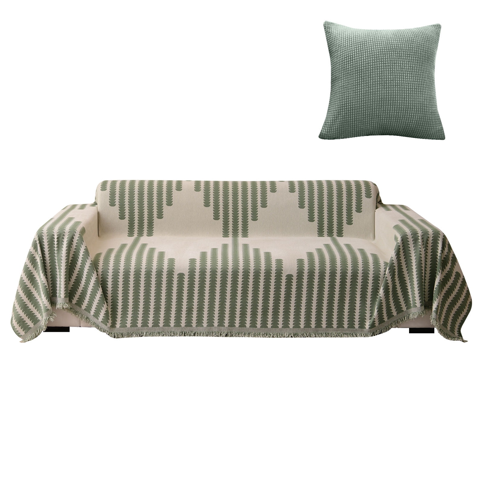 Eurhowing Boho Couch Cover for 2-3 Cushion Couch, Chenille Sofa Cover Blanket with a Pillowcase, Anti-Slip Tassel Sofa Slipcover for Pet, (71'' x 118'', Green)