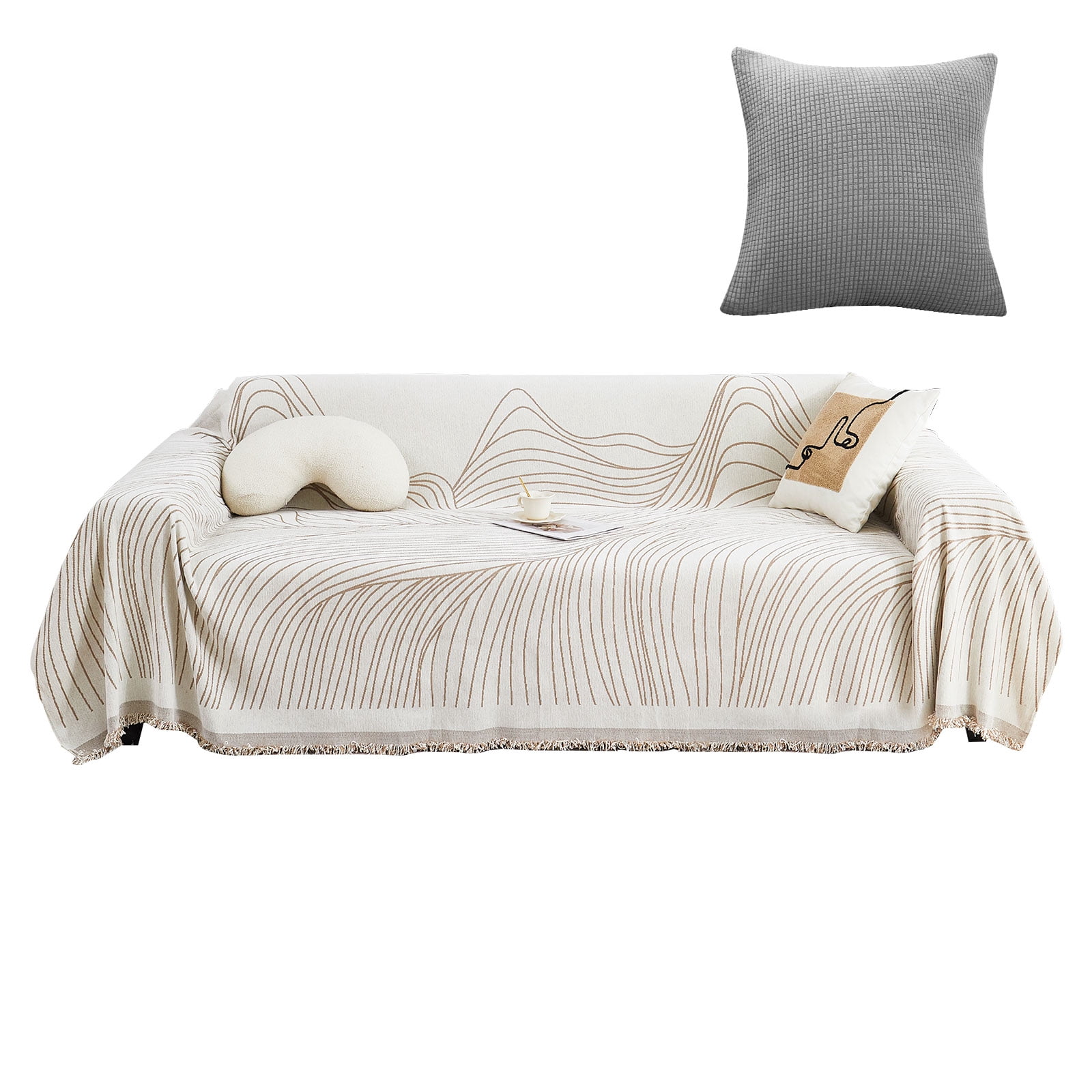 Eurhowing Boho Couch Cover for 2-3 Cushion Couch, Chenille Sofa Cover Blanket with a Pillowcase, Anti-Slip Tassel Sofa Slipcover for Pet, (71'' x 118'', Khaki Stripe)