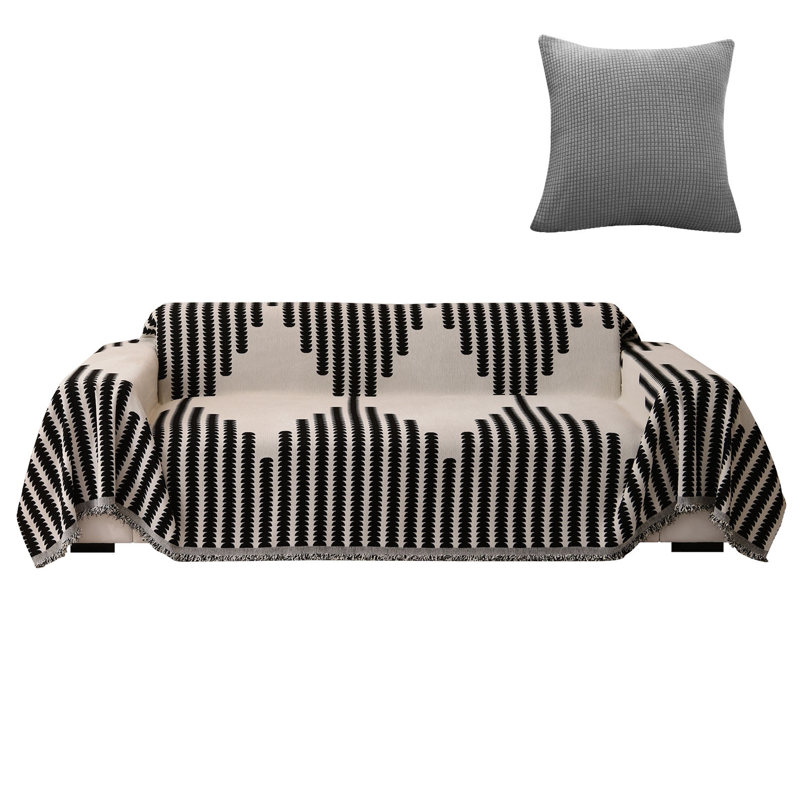 Eurhowing Boho Couch Cover for 4 Cushion Couch, Chenille Sofa Cover Blanket with a Pillowcase, Anti-Slip Tassel Sofa Slipcover for Pet, (71'' x 149'', Black)