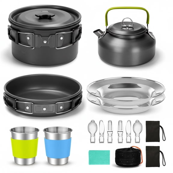 Eurhowing Camping Cookware Set 11pcs Mess Kit, Aluminum Non-Stick Pot and Pan Set, Lightweight Backpacking Cookware for Outdoor Hiking Picnic RV, Black