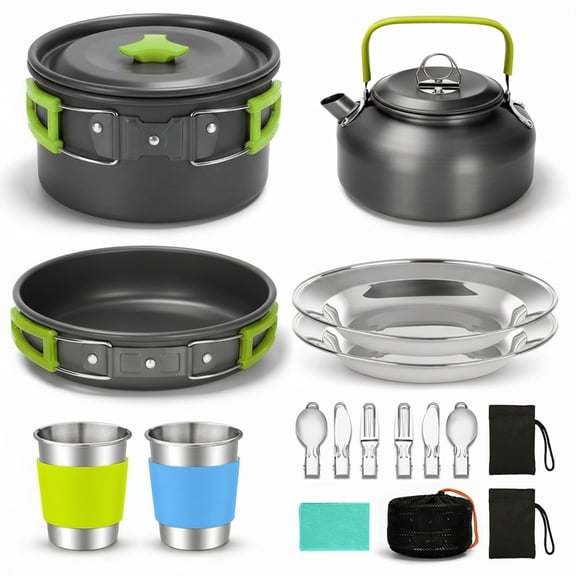 Eurhowing Camping Cookware Set 11pcs Mess Kit, Aluminum Non-Stick Pot and Pan Set, Lightweight Backpacking Cookware for Outdoor Hiking Picnic RV, Green