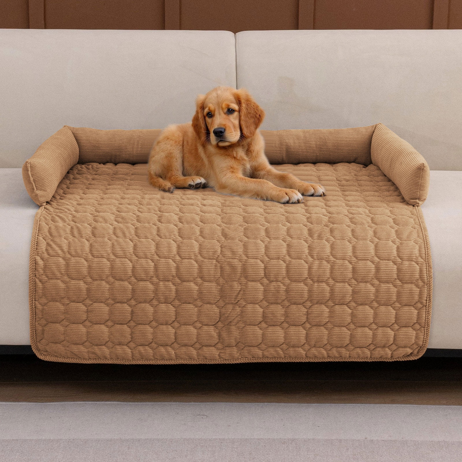 Eurhowing Dog Couch Cover 36"x36", Corduroy Dog Bed Mat for Couch with 3 Side Dog Pillow, Washable Sofa Cover Pet Furniture Protector for Dogs&Cats, Coffee