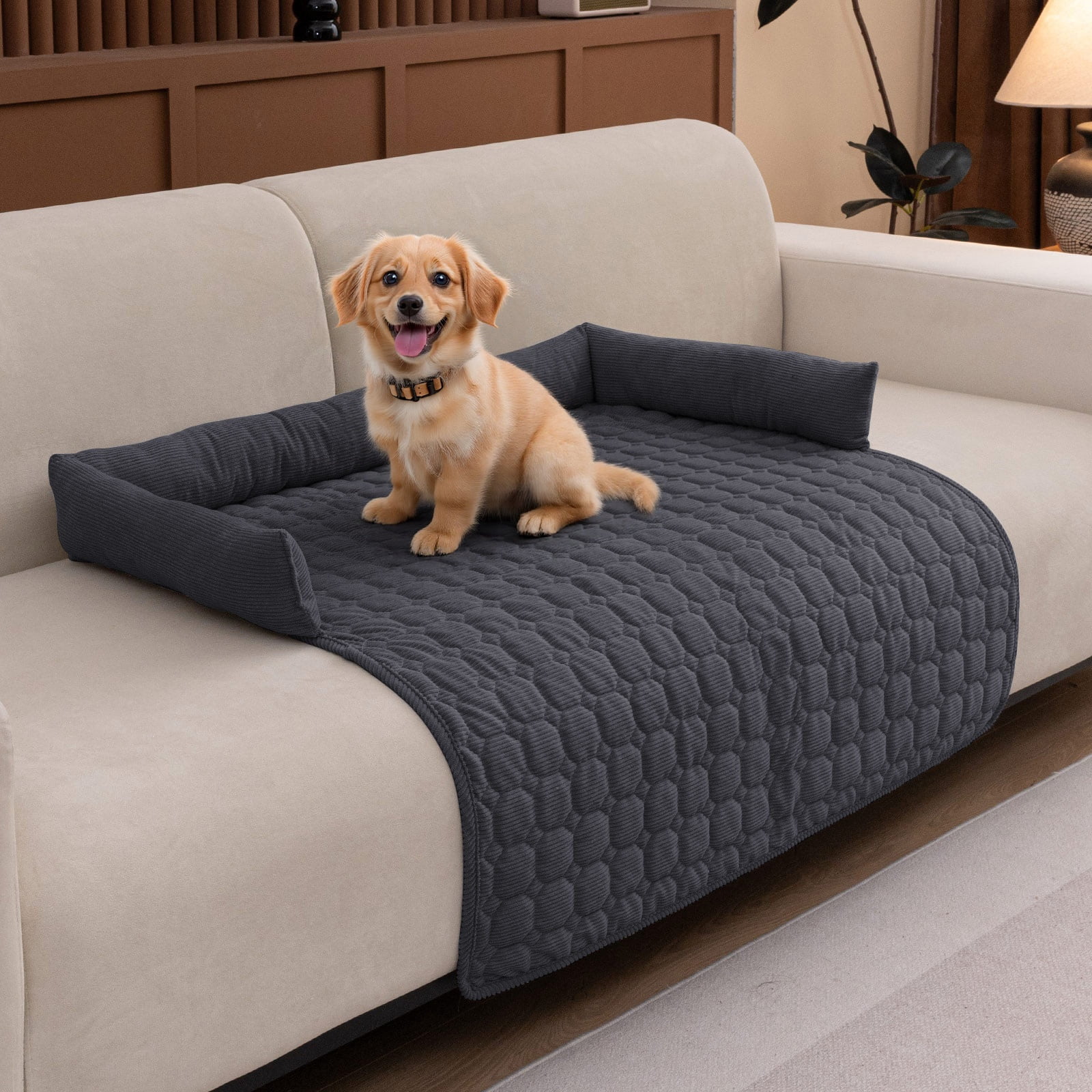 Eurhowing Dog Couch Cover 36"x36", Corduroy Dog Bed Mat for Couch with 3 Side Dog Pillow, Washable Sofa Cover Pet Furniture Protector for Dogs&Cats, Dark Gray
