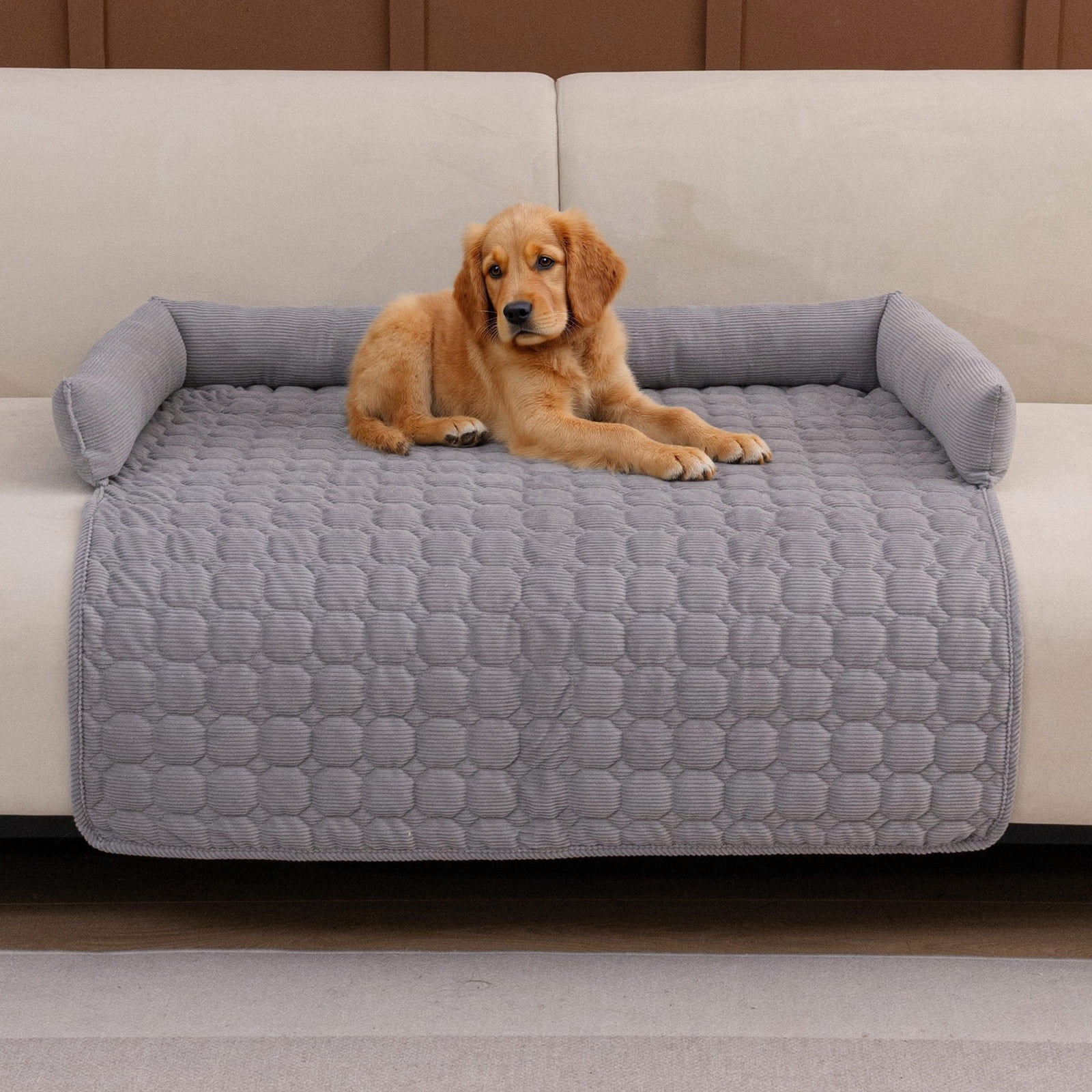 Eurhowing Dog Couch Cover 36"x36", Corduroy Dog Bed Mat for Couch with 3 Side Dog Pillow, Washable Sofa Cover Pet Furniture Protector for Dogs&Cats, Light Gray