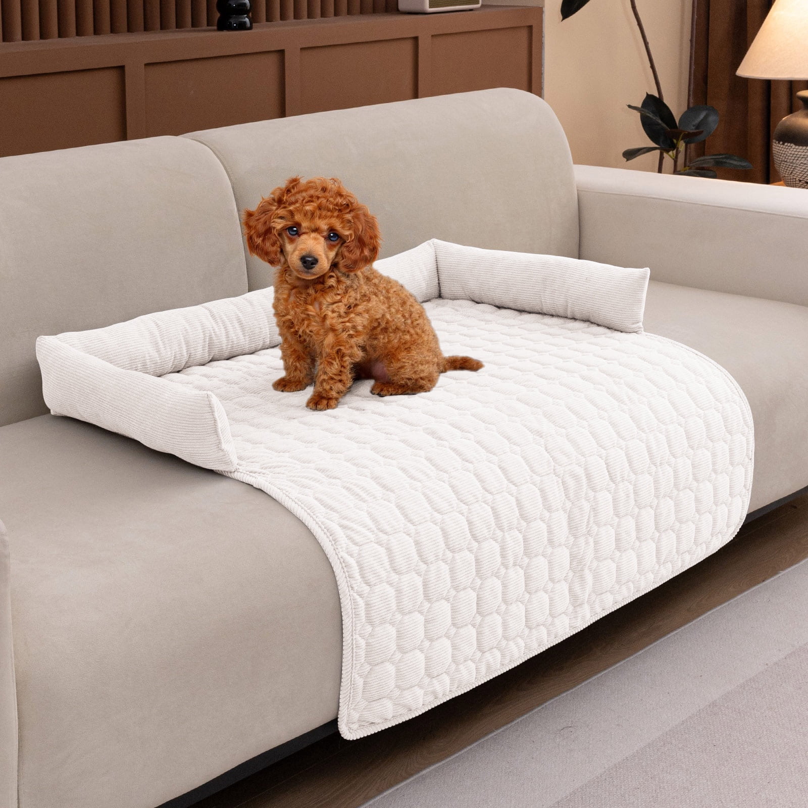 Eurhowing Dog Couch Cover 36"x36", Corduroy Dog Bed Mat for Couch with 3 Side Dog Pillow, Washable Sofa Cover Pet Furniture Protector for Dogs&Cats, Off-White