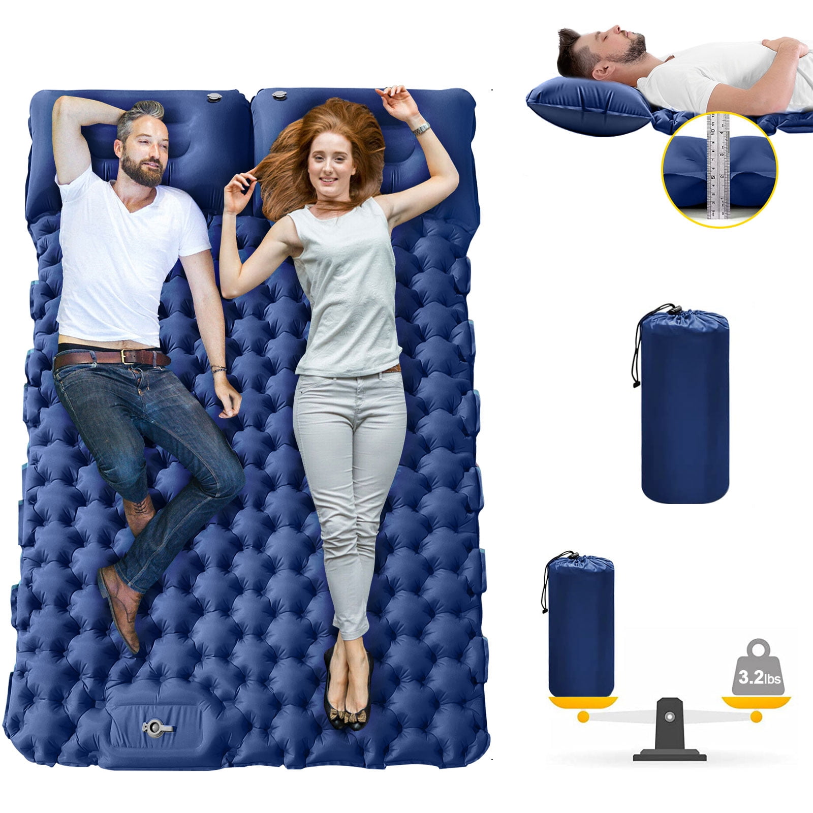 Eurhowing Double Sleeping Pad 4" Thick, 2 Person Inflatable Camping Mat with Foot Pump & Pillow, Portable Air Mattress for Backpacking Hiking Tent Travel, Navy