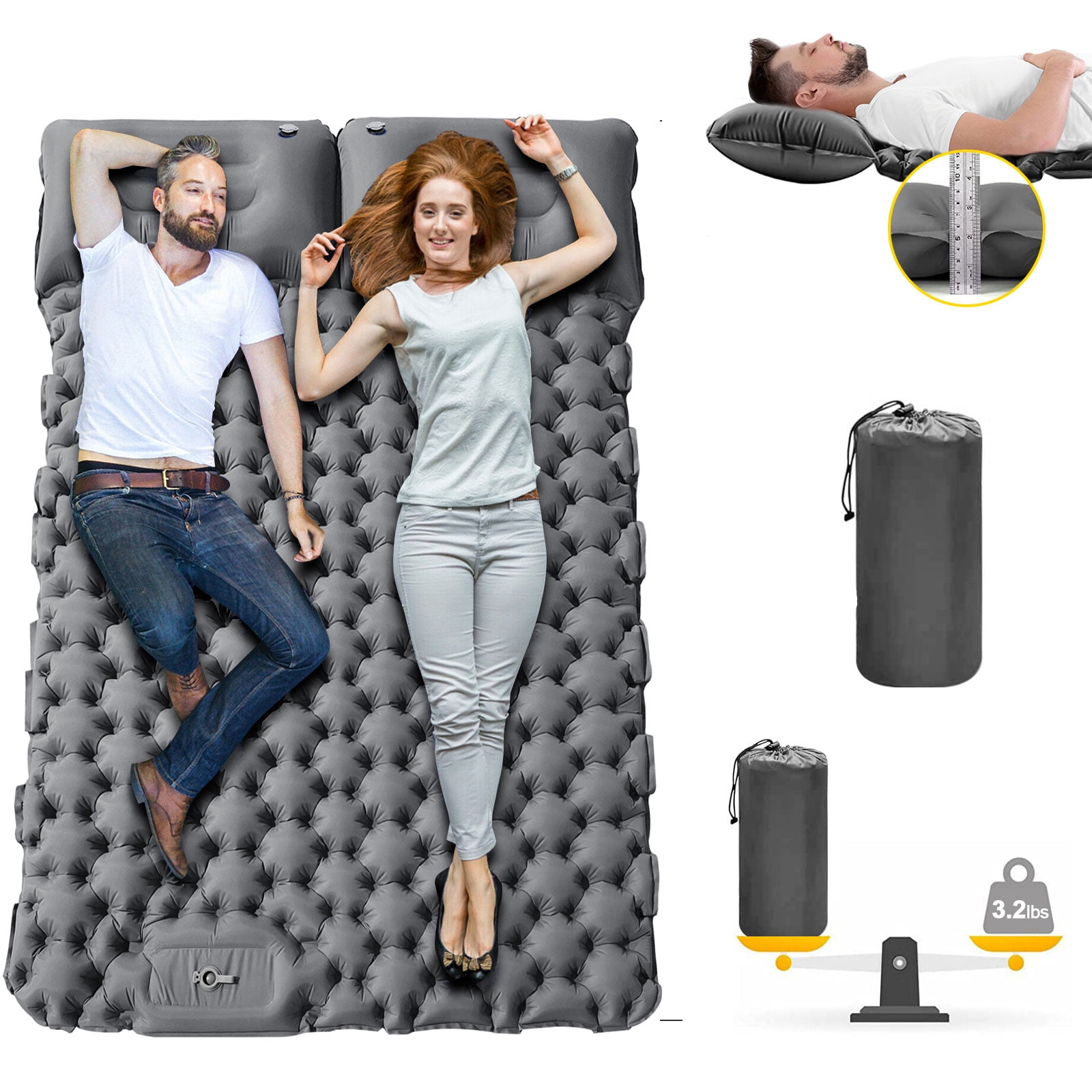 Eurhowing Double Sleeping Pad 4" Thick, 2 Person Inflatable Camping Mat with Foot Pump & Pillow, Portable Air Mattress for Backpacking Hiking Tent Travel, Gray