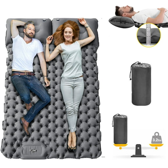 Eurhowing Double Sleeping Pad for 2 Person, Thick Inflatable Camping Mat with Built-in Foot Pump & Pillow, Compact Air Mattress for Hiking, Backpacking, Tent(Gray)