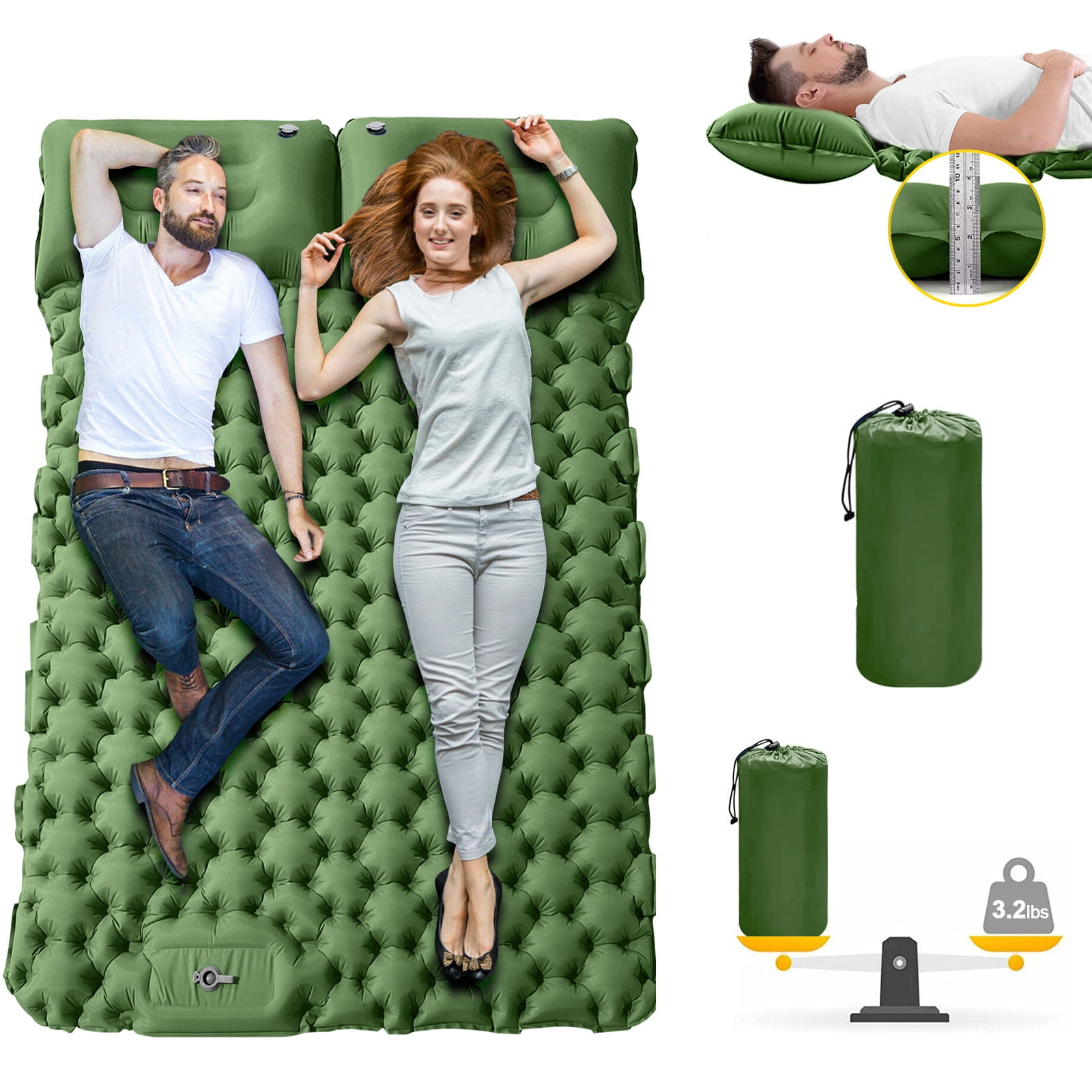 Eurhowing Double Sleeping Pad 4" Thick, 2 Person Inflatable Camping Mat with Foot Pump & Pillow, Portable Air Mattress for Backpacking Hiking Tent Travel, Green