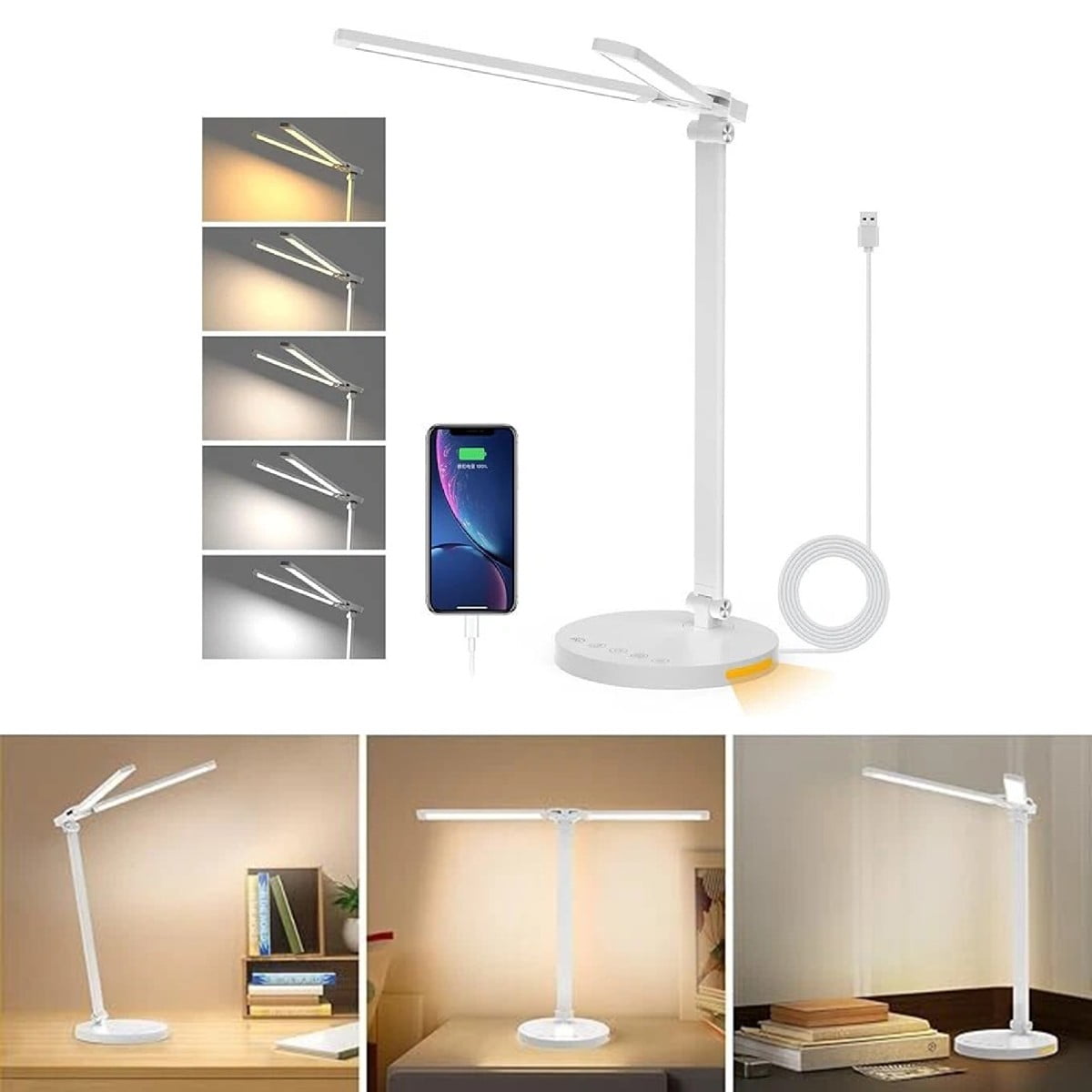 Eurhowing Dual-Head LED Desk Lamp, 10W USB Charging Lamp, 5-Level & Timer Eye-Caring Desk Light for Gaming, Office, Study