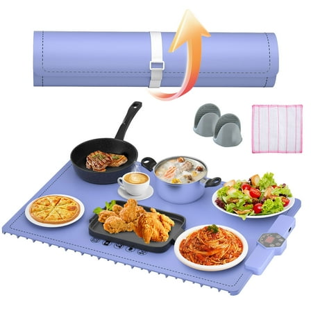 Eurhowing Food Warming Mat, 24" x 16" Foldable Food Warmer Pad with 5 Temp Settings, Auto Shut-Off Electric Heating Tray for Buffets, Parties, Blue