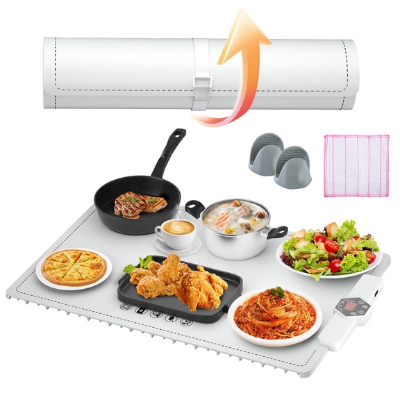 Eurhowing Food Warming Mat, 24" x 16" Foldable Food Warmer Pad with 5 Temp Settings, Auto Shut-Off Electric Heating Tray for Buffets, Parties, White