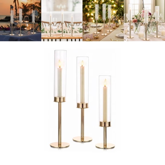 Eurhowing Gold Taper Candle Holders with Hurricane Glass, Set of 3 Tall Brass Candlestick Centerpiece for Wedding Table Christmas Mantel Decor, Gold