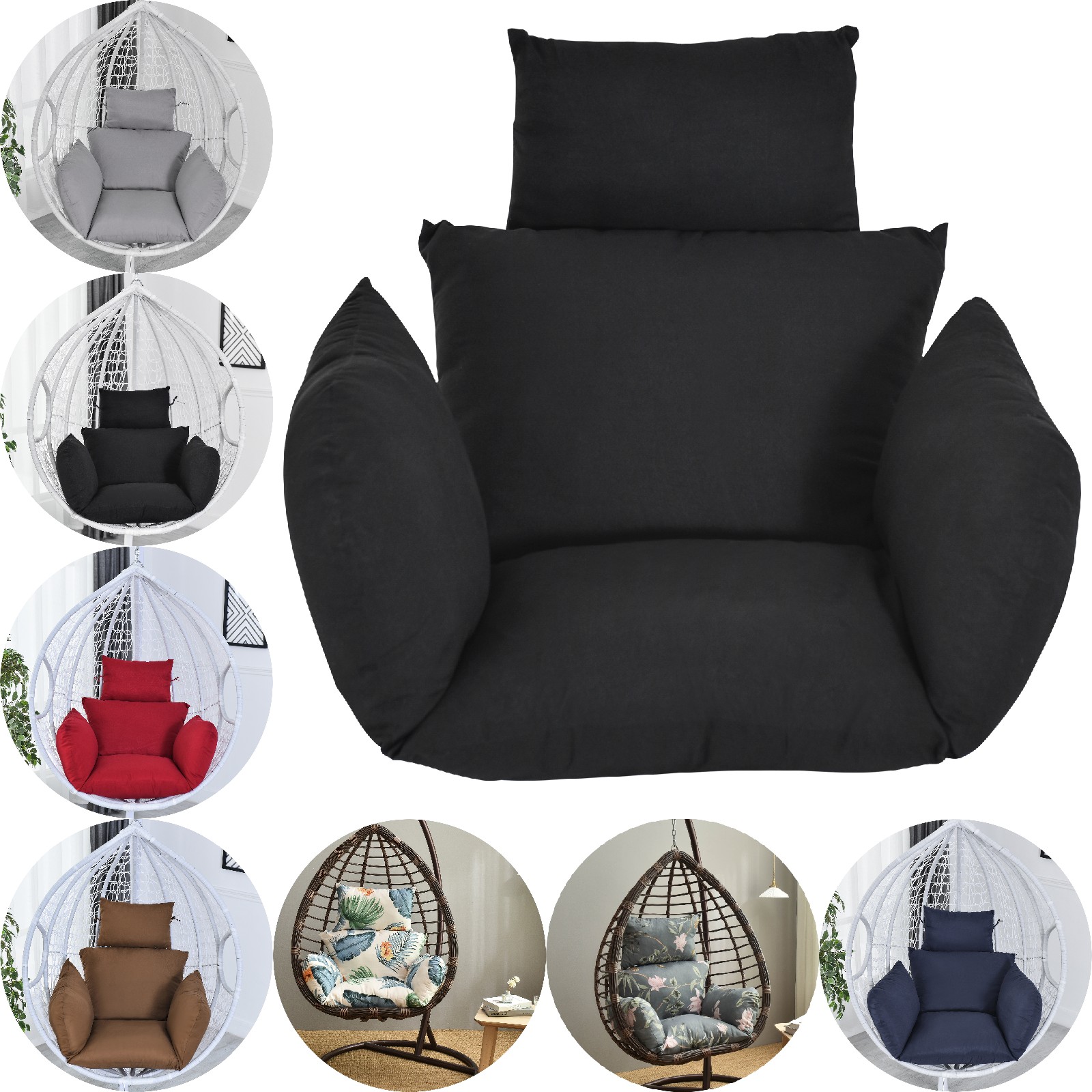 Eurhowing Hanging Egg Chair Cushion with Headrest & Armrest, 4" Thick Waterproof Non-Slip Swing Chair Pad, Outdoor Cushions for Patio Furniture (Black)