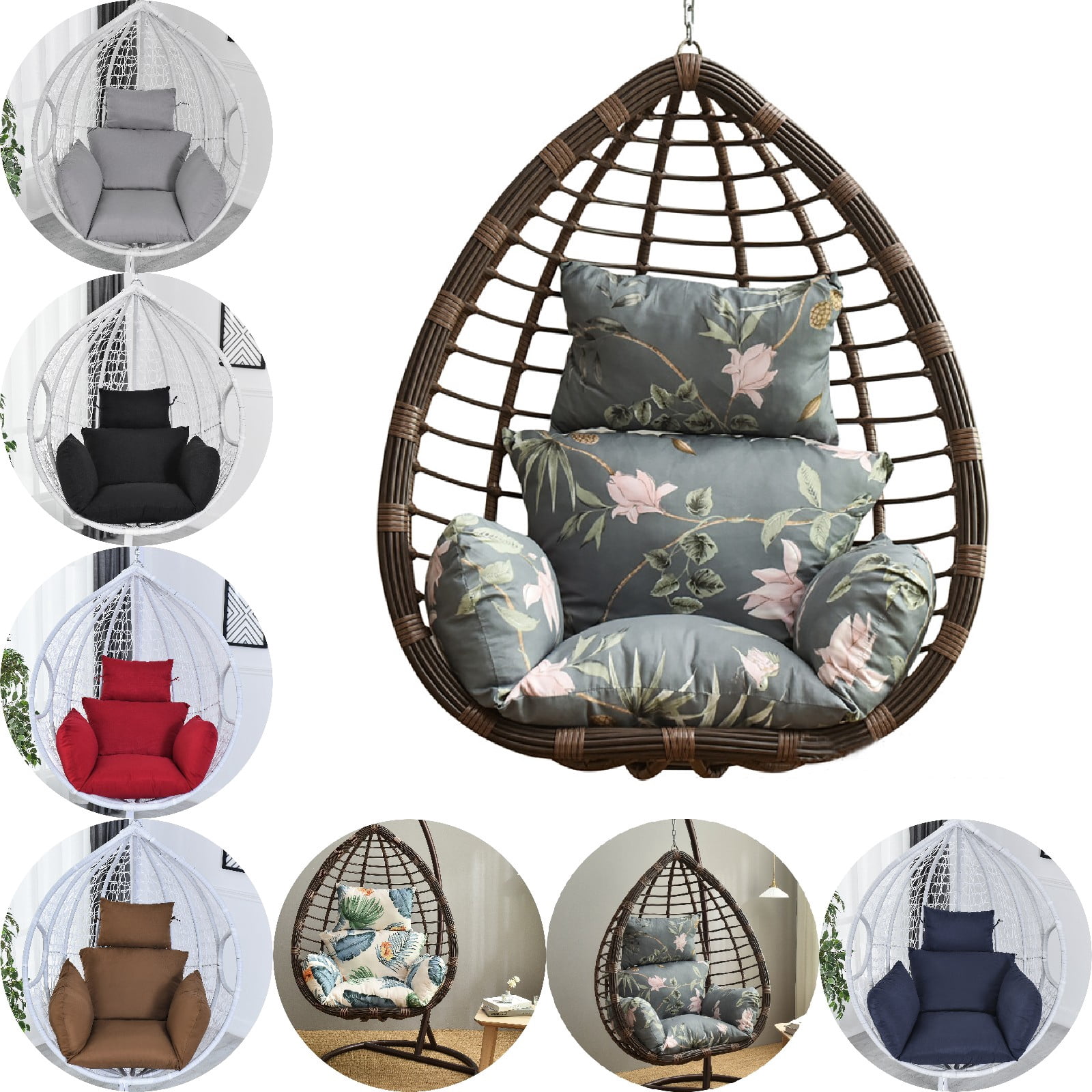 Eurhowing Hanging Egg Chair Cushion with Headrest & Armrest, 4" Thick Waterproof Non-Slip Swing Chair Pad, Outdoor Cushions for Patio Furniture (Floral)