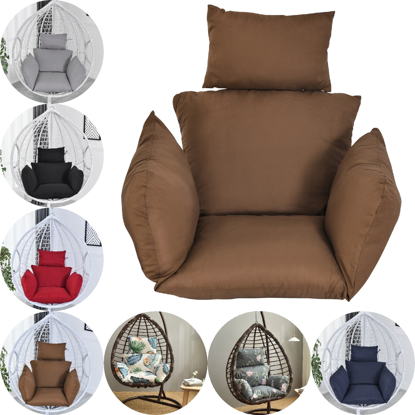 Eurhowing Hanging Egg Chair Cushion with Headrest & Armrest, 4" Thick Waterproof Non-Slip Swing Chair Pad, Outdoor Cushions for Patio Furniture (Coffee)