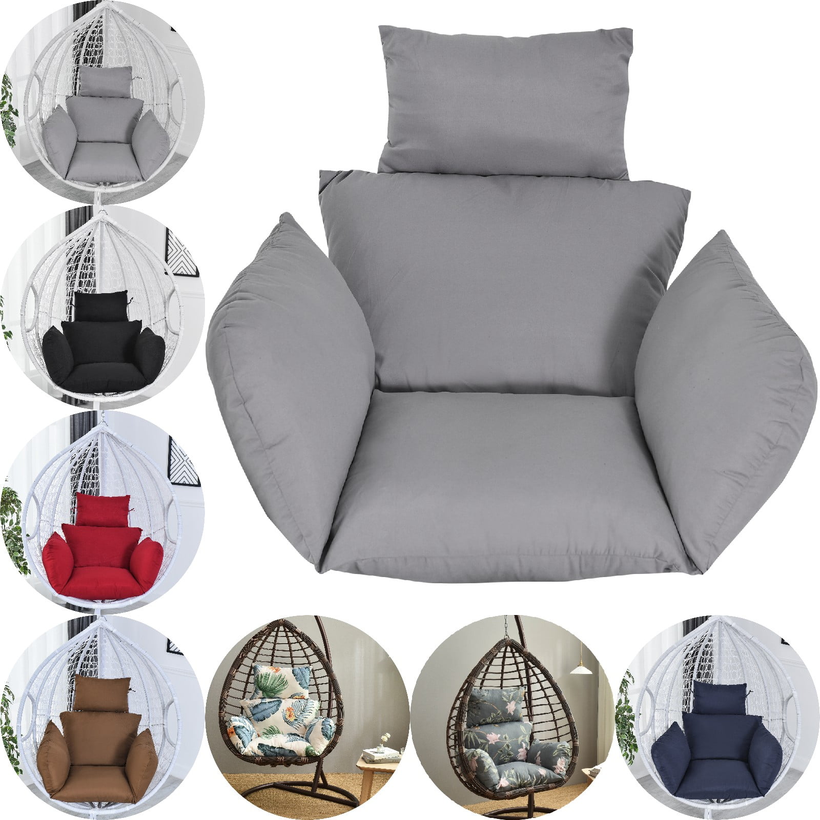 Eurhowing Hanging Egg Chair Cushion with Headrest & Armrest, 4" Thick Waterproof Non-Slip Swing Chair Pad, Outdoor Cushions for Patio Furniture (Gray)