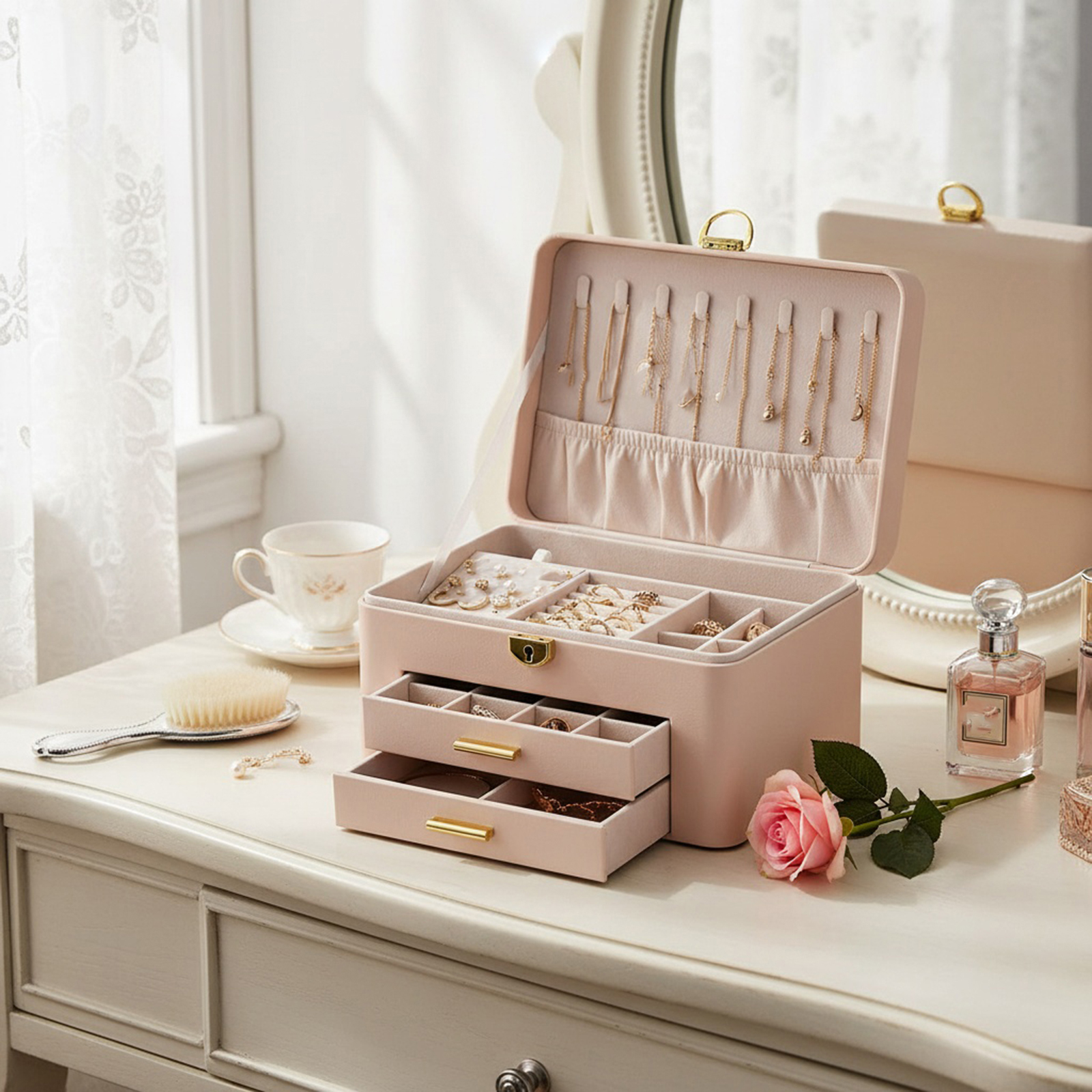 Jewelry Box for Women, 3-Layer Large Jewelry Organizer Drawer Boxes with Lock, Travel Jewelry Storage Case for Necklace Bracelets Earrings Rings, Off-White
