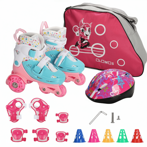 Eurhowing Kids Roller Skates with Light-Up Wheels, 4-Size Adjustable Skates with Three-Point Balance System & Protective Gear, Outdoor Skates for Boys & Girls, Blue