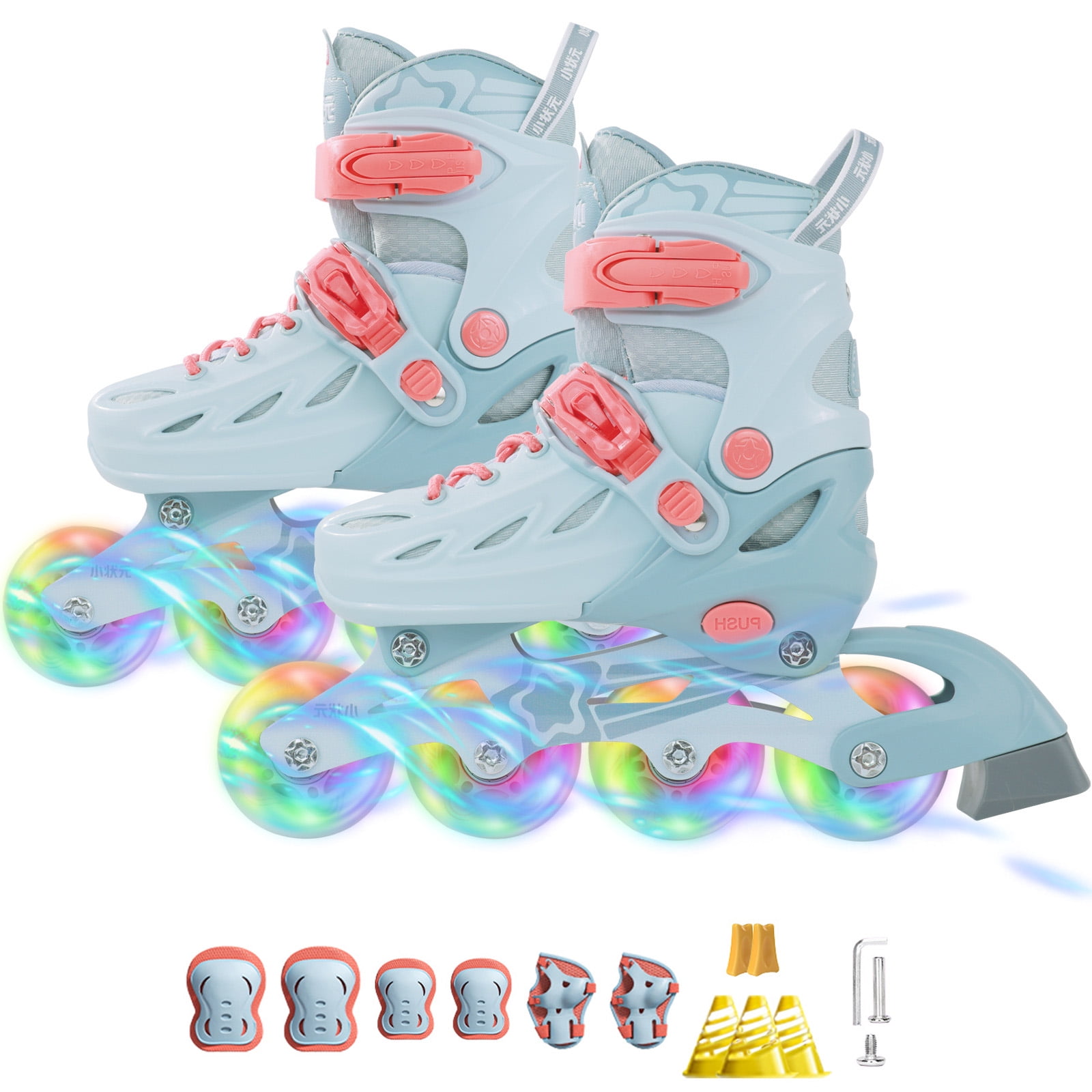 Eurhowing Kids Roller Skates with Light-Up Wheels Ages 4-12, Inline Skates for Boys & Girls, Light Up Skates Outdoor Play with Safety Gear Set, L, Blue
