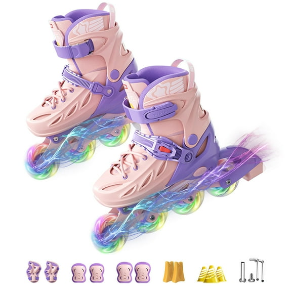 Eurhowing Kids Roller Skates with Light-Up Wheels Ages 4-12, Inline Skates for Boys & Girls, Light Up Skates Outdoor Play with Safety Gear Set, M, Pink