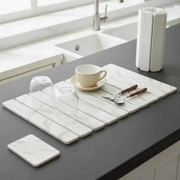 Eurhowing Large Diatomite Drying Mat for Dishes, 24x16 Inch Foldable Non-Slip Kitchen Counter Mat, Fast Absorbing & Antibacterial Sink Pad, White