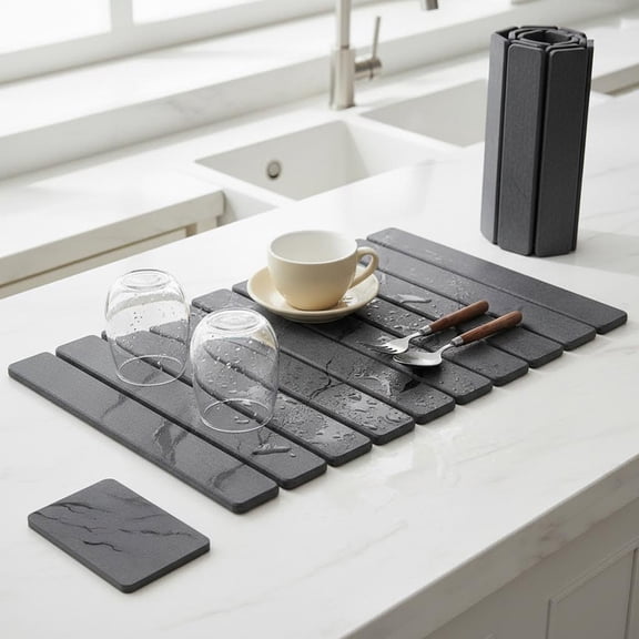 Eurhowing Large Diatomite Drying Mat for Dishes, 24x16 Inch Foldable Non-Slip Kitchen Counter Mat, Fast Absorbing & Antibacterial Sink Pad, Black