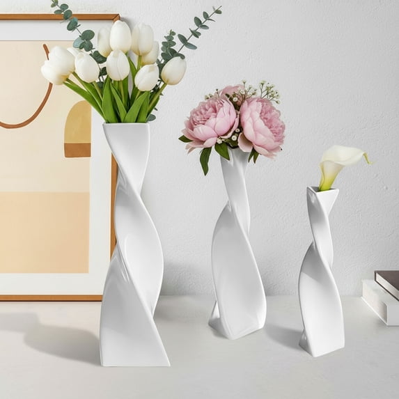 Eurhowing Modern Geometric Ceramic Vase Set of 3, Decorative Desk Vase, Flower Vase for Table Centerpiece, Kitchen, Living Room Office Decor(Matte White)