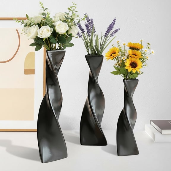 Eurhowing Modern Geometric Ceramic Vase Set of 3, Decorative Desk Vase, Flower Vase for Table Centerpiece, Kitchen, Living Room Office Decor(Black)