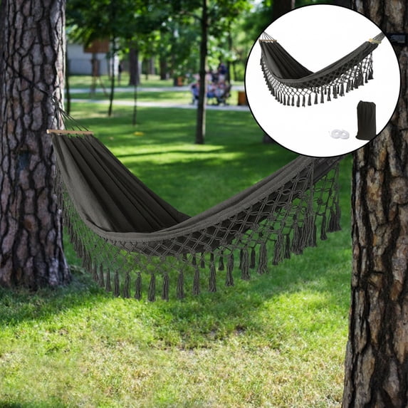 Eurhowing Outdoor Cotton Hammock with Tassels, 440lb Double 2 Person Portable Hammock, Heavy Duty Boho Hammock for Camping Patio Backyard Travel, Black